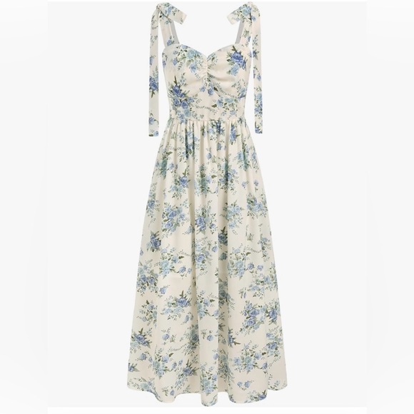 NWT CIDER Santorini Beach Vacation V-Neck Bowknot Floral Ruffle Hem Midi Dress - Picture 1 of 6